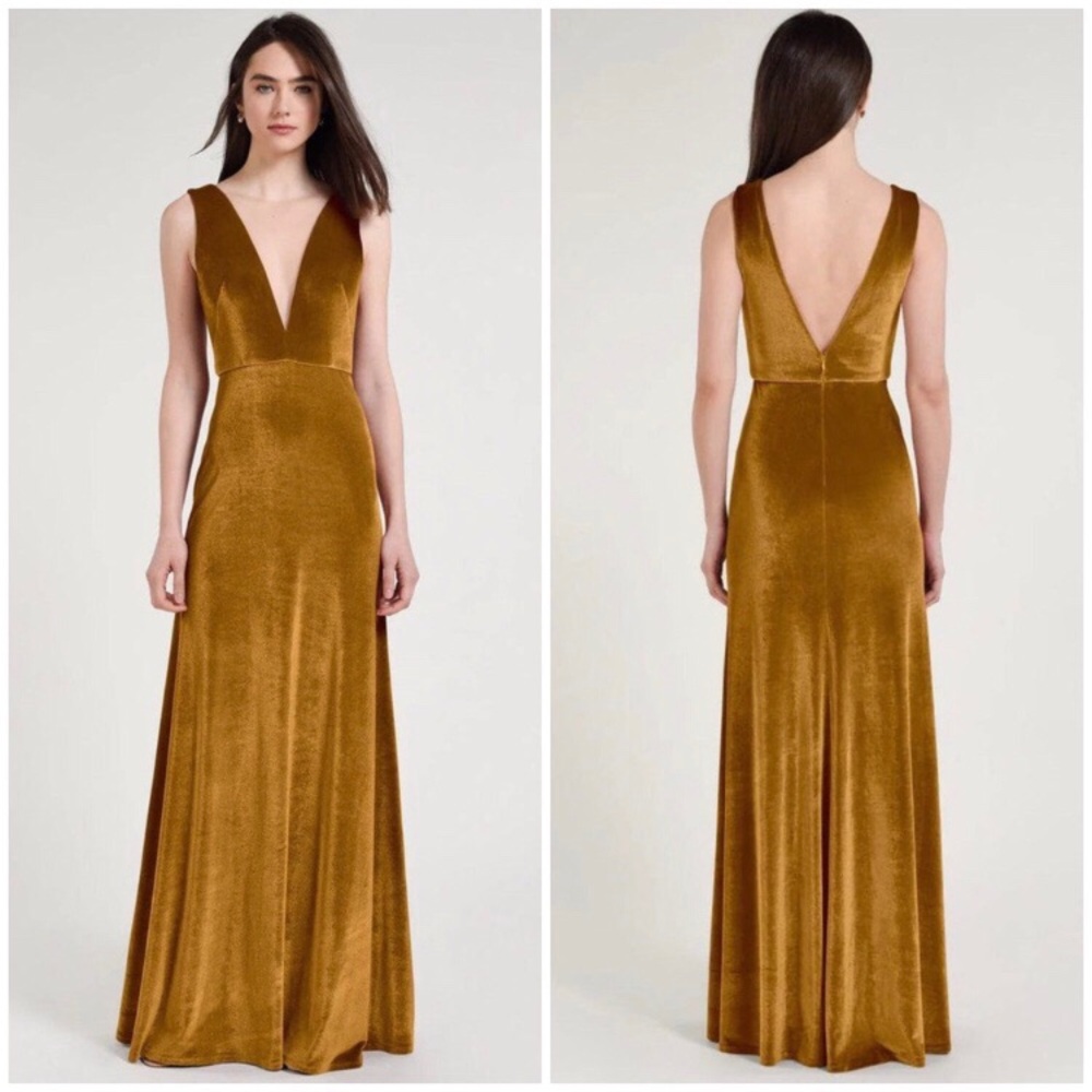 $290 Jenny Yoo Logan Gold Velvet V-Neck Maxi Cocktail Dress Evening Gown Size 10